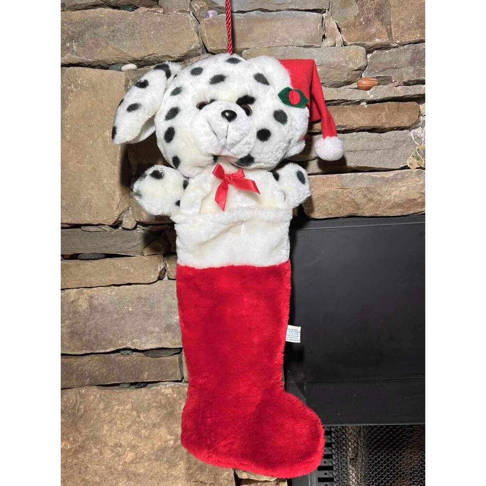 Vintage Dalmatian Plush 3D Christmas Stocking soft and cute wearing and Santa ca